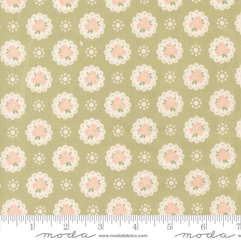 Image of Handmade Sweetness Doily Pear quilting cotton fabric by My Sew Quilty Life for Moda Fabrics. Features flowers on a green background. Cute Little Fabric Shop.