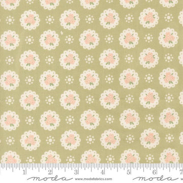 Image of Handmade Sweetness Doily Pear quilting cotton fabric by My Sew Quilty Life for Moda Fabrics. Features flowers on a green background. Cute Little Fabric Shop.
