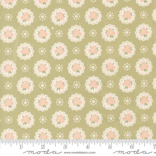 Image of Handmade Sweetness Doily Pear quilting cotton fabric by My Sew Quilty Life for Moda Fabrics. Features flowers on a green background. Cute Little Fabric Shop.