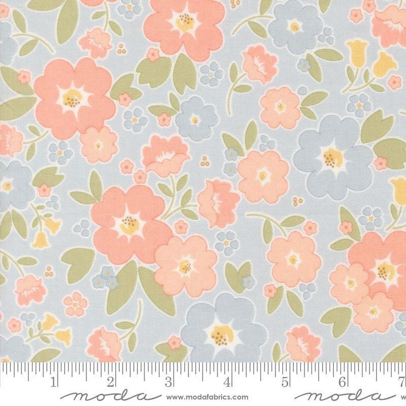 Image of Handmade Sweetness Vintage Blooms Sky quilting cotton fabric by My Sew Quilty Life for Moda Fabrics. Features flowers on a blue background. Cute Little Fabric Shop.