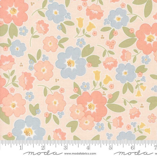 Image of Handmade Sweetness Vintage Blooms Blush quilting cotton fabric by My Sew Quilty Life for Moda Fabrics. Features flowers on a pink background. Cute Little Fabric Shop.