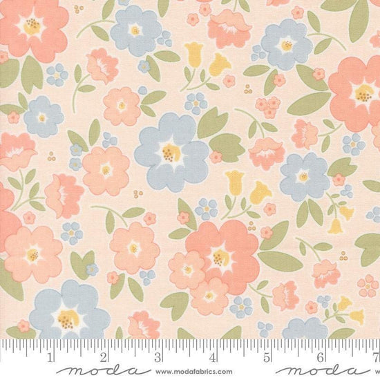 Image of Handmade Sweetness Vintage Blooms Blush quilting cotton fabric by My Sew Quilty Life for Moda Fabrics. Features flowers on a pink background. Cute Little Fabric Shop.