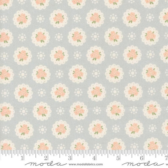 Image of Handmade Sweetness Doily Sky quilting cotton fabric by My Sew Quilty Life for Moda Fabrics. Features flowers on a blue background. Cute Little Fabric Shop.