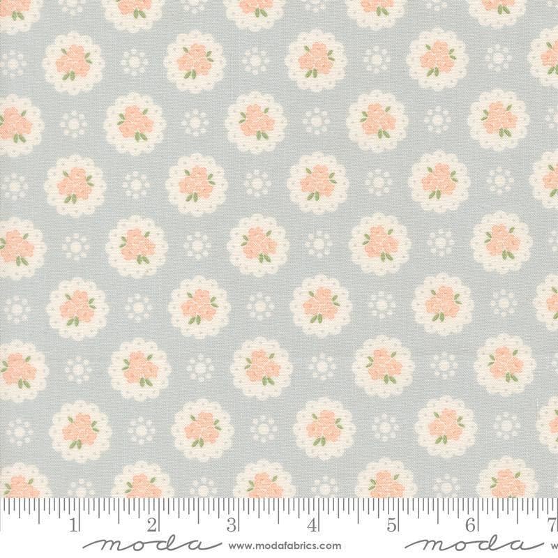 Image of Handmade Sweetness Doily Sky quilting cotton fabric by My Sew Quilty Life for Moda Fabrics. Features flowers on a blue background. Cute Little Fabric Shop.