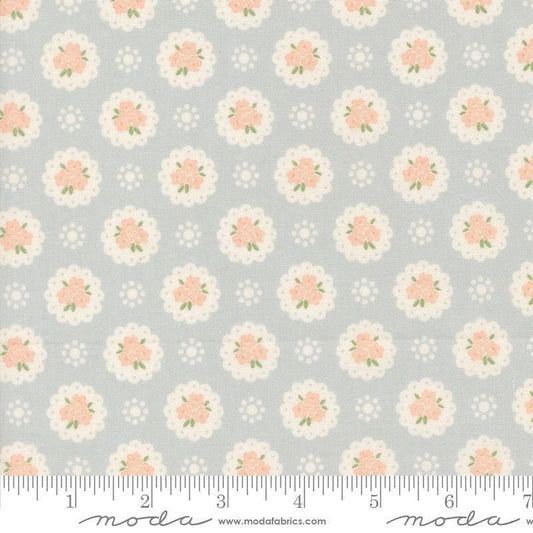 Image of Handmade Sweetness Doily Sky quilting cotton fabric by My Sew Quilty Life for Moda Fabrics. Features flowers on a blue background. Cute Little Fabric Shop.