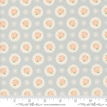 Image of Handmade Sweetness Doily Sky quilting cotton fabric by My Sew Quilty Life for Moda Fabrics. Features flowers on a blue background. Cute Little Fabric Shop.