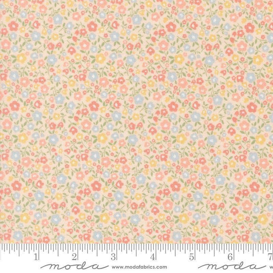 Image of Handmade Sweetness Bitty Blossoms Pink quilting cotton fabric by My Sew Quilty Life for Moda Fabrics. Features flowers on a pink background. Cute Little Fabric Shop.