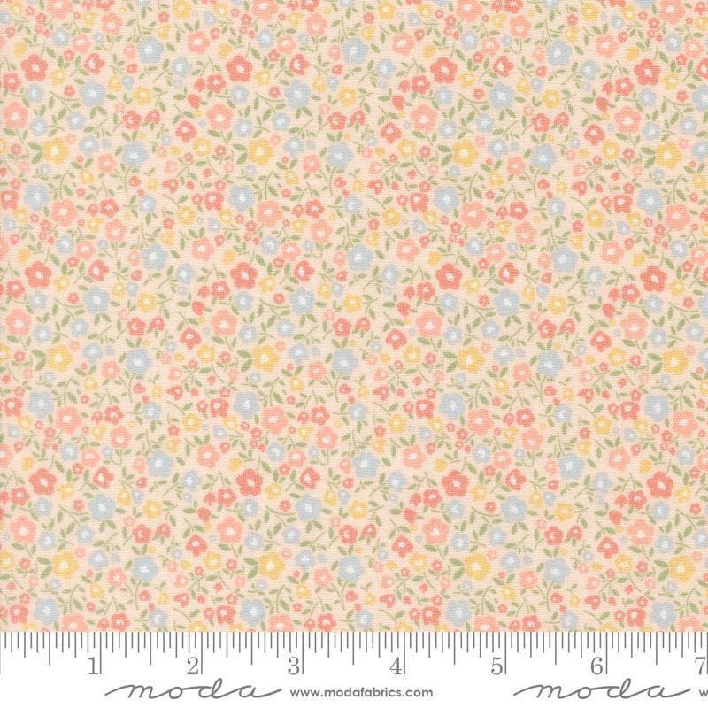 Image of Handmade Sweetness Bitty Blossoms Pink quilting cotton fabric by My Sew Quilty Life for Moda Fabrics. Features flowers on a pink background. Cute Little Fabric Shop.
