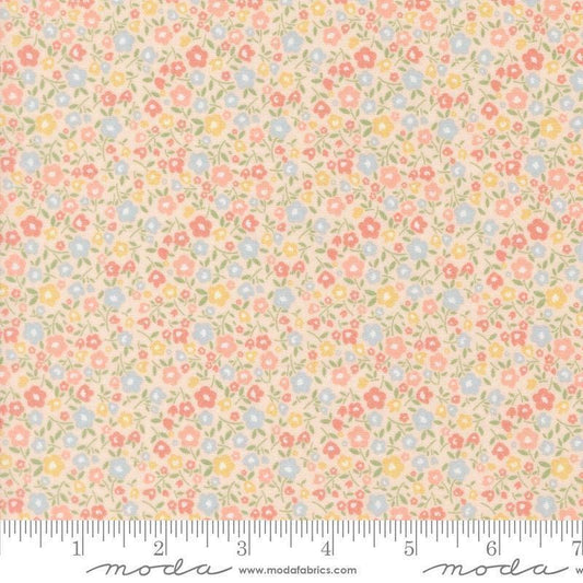 Image of Handmade Sweetness Bitty Blossoms Pink quilting cotton fabric by My Sew Quilty Life for Moda Fabrics. Features flowers on a pink background. Cute Little Fabric Shop.