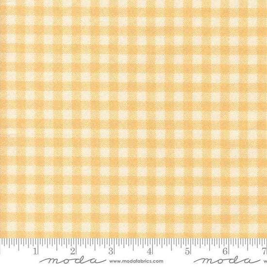 Image of Handmade Sweetness Checks Butterscotch quilting cotton fabric by My Sew Quilty Life for Moda Fabrics. Features gingham on a yellow background. Cute Little Fabric Shop.