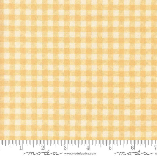 Image of Handmade Sweetness Checks Butterscotch quilting cotton fabric by My Sew Quilty Life for Moda Fabrics. Features gingham on a yellow background. Cute Little Fabric Shop.