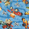 MINKY Turbo Tykes Animal Race Car Toss Blue Race Fabric 60" Wide - 31756 - QT Fabrics 100% Polyester Fabric