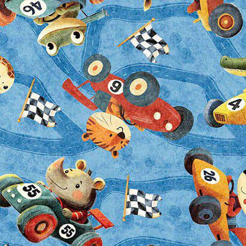 MINKY Turbo Tykes Animal Race Car Toss Blue Race Fabric 60" Wide - 31756 - QT Fabrics 100% Polyester Fabric