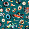 MINKY Turbo Tykes Racetrack Gear Turquoise Blue Race Fabric 60" Wide - 31757 - QT Fabrics 100% Polyester Fabric
