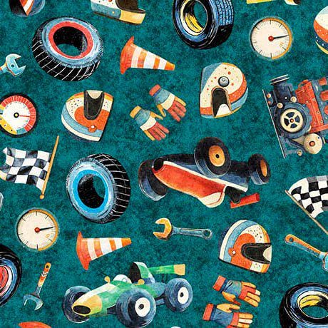 MINKY Turbo Tykes Racetrack Gear Turquoise Blue Race Fabric 60" Wide - 31757 - QT Fabrics 100% Polyester Fabric