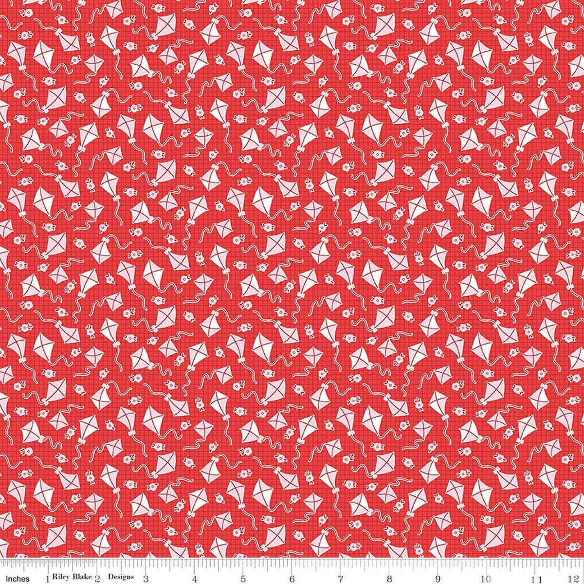 Image of Traditional 30's Kites Red quilting cotton fabric by Lindsay Wilkes for Riley Blake Designs. Features kites on a red background. Cute Little Fabric Shop.