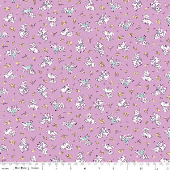 Image of Traditional 30's Lambs Purple quilting cotton fabric by Lindsay Wilkes for Riley Blake Designs. Features sheep on a purple background. Cute Little Fabric Shop.