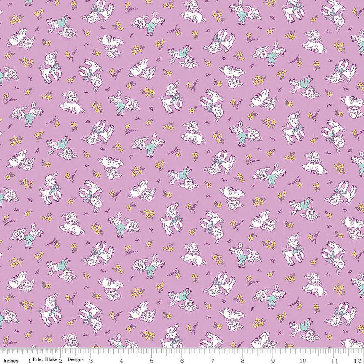 Image of Traditional 30's Lambs Purple quilting cotton fabric by Lindsay Wilkes for Riley Blake Designs. Features sheep on a purple background. Cute Little Fabric Shop.
