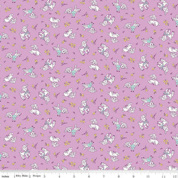 Image of Traditional 30's Lambs Purple quilting cotton fabric by Lindsay Wilkes for Riley Blake Designs. Features sheep on a purple background. Cute Little Fabric Shop.