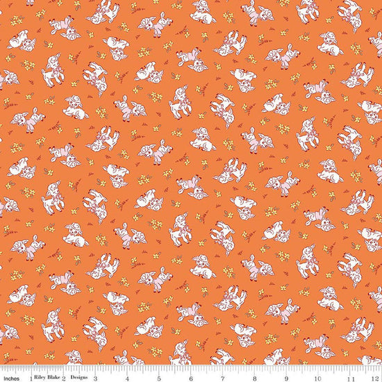 Image of Traditional 30's Lambs Orange quilting cotton fabric by Lindsay Wilkes for Riley Blake Designs. Features sheep on an orange background. Cute Little Fabric Shop.