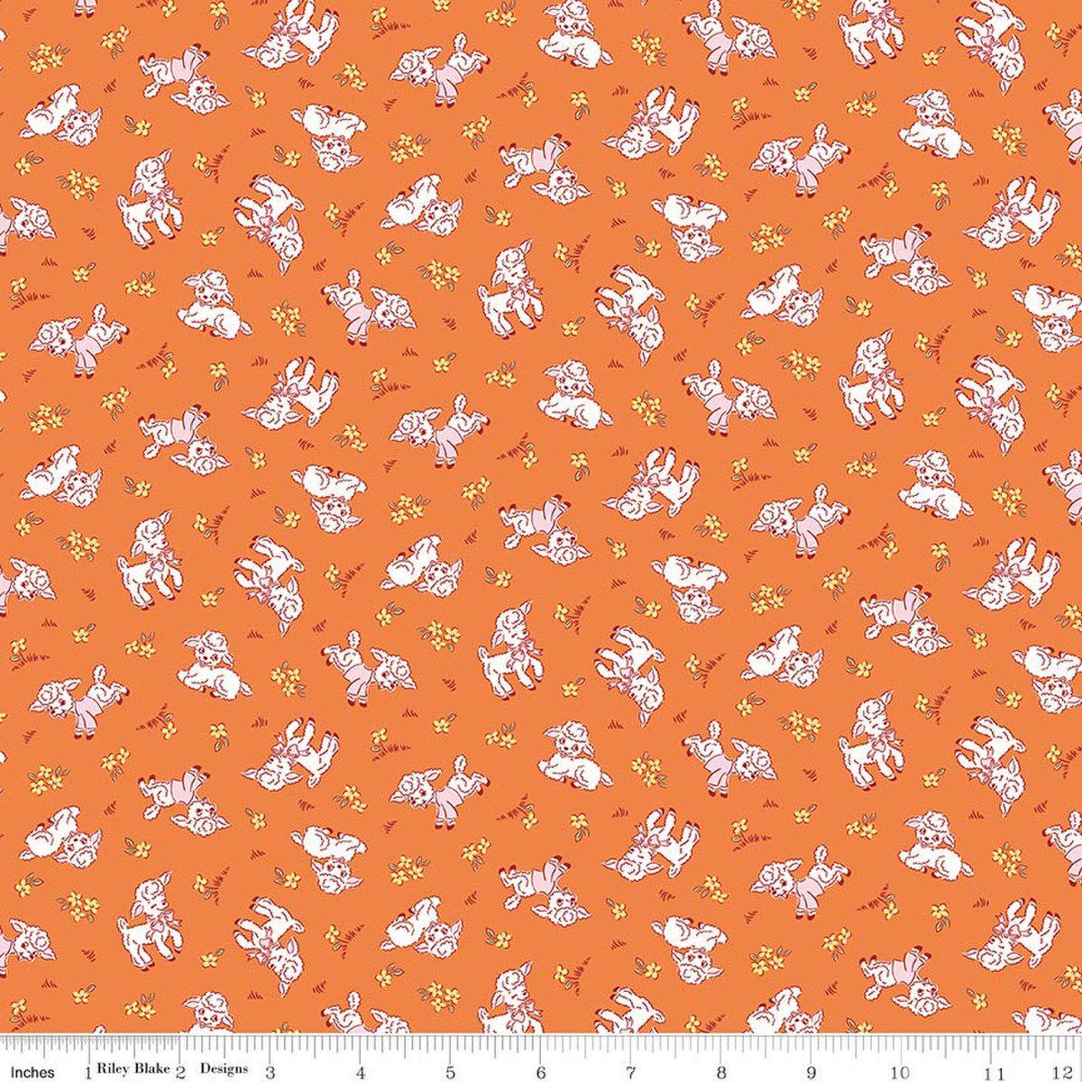 Image of Traditional 30's Lambs Orange quilting cotton fabric by Lindsay Wilkes for Riley Blake Designs. Features sheep on an orange background. Cute Little Fabric Shop.