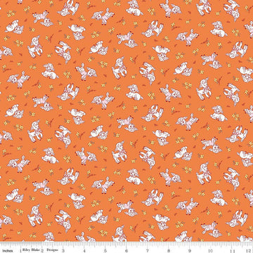 Image of Traditional 30's Lambs Orange quilting cotton fabric by Lindsay Wilkes for Riley Blake Designs. Features sheep on an orange background. Cute Little Fabric Shop.