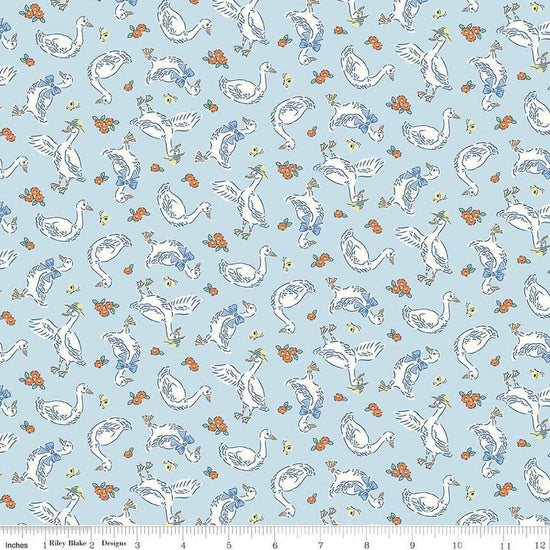 Image of Traditional 30's Geese Blue quilting cotton fabric by Lindsay Wilkes for Riley Blake Designs. Features birds on a blue background. Cute Little Fabric Shop.