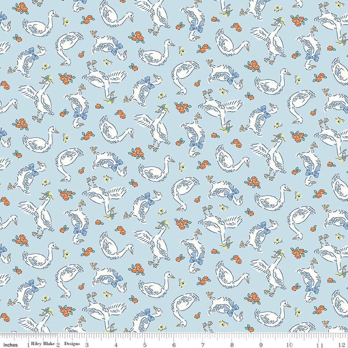 Image of Traditional 30's Geese Blue quilting cotton fabric by Lindsay Wilkes for Riley Blake Designs. Features birds on a blue background. Cute Little Fabric Shop.