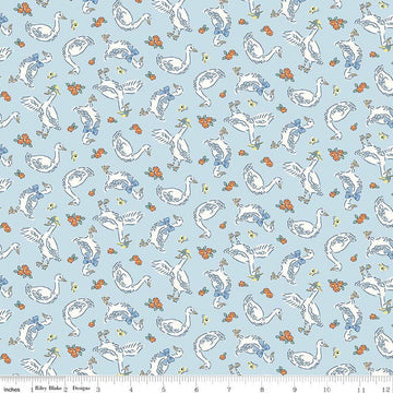 Image of Traditional 30's Geese Blue quilting cotton fabric by Lindsay Wilkes for Riley Blake Designs. Features birds on a blue background. Cute Little Fabric Shop.