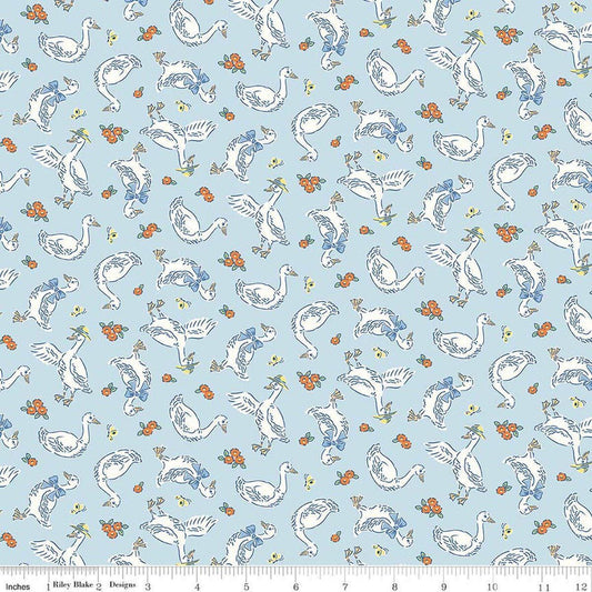Image of Traditional 30's Geese Blue quilting cotton fabric by Lindsay Wilkes for Riley Blake Designs. Features birds on a blue background. Cute Little Fabric Shop.