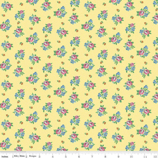 Image of Traditional 30's Scattered Floral Yellow quilting cotton fabric by Lindsay Wilkes for Riley Blake Designs. Features flowers on a yellow background. Cute Little Fabric Shop.