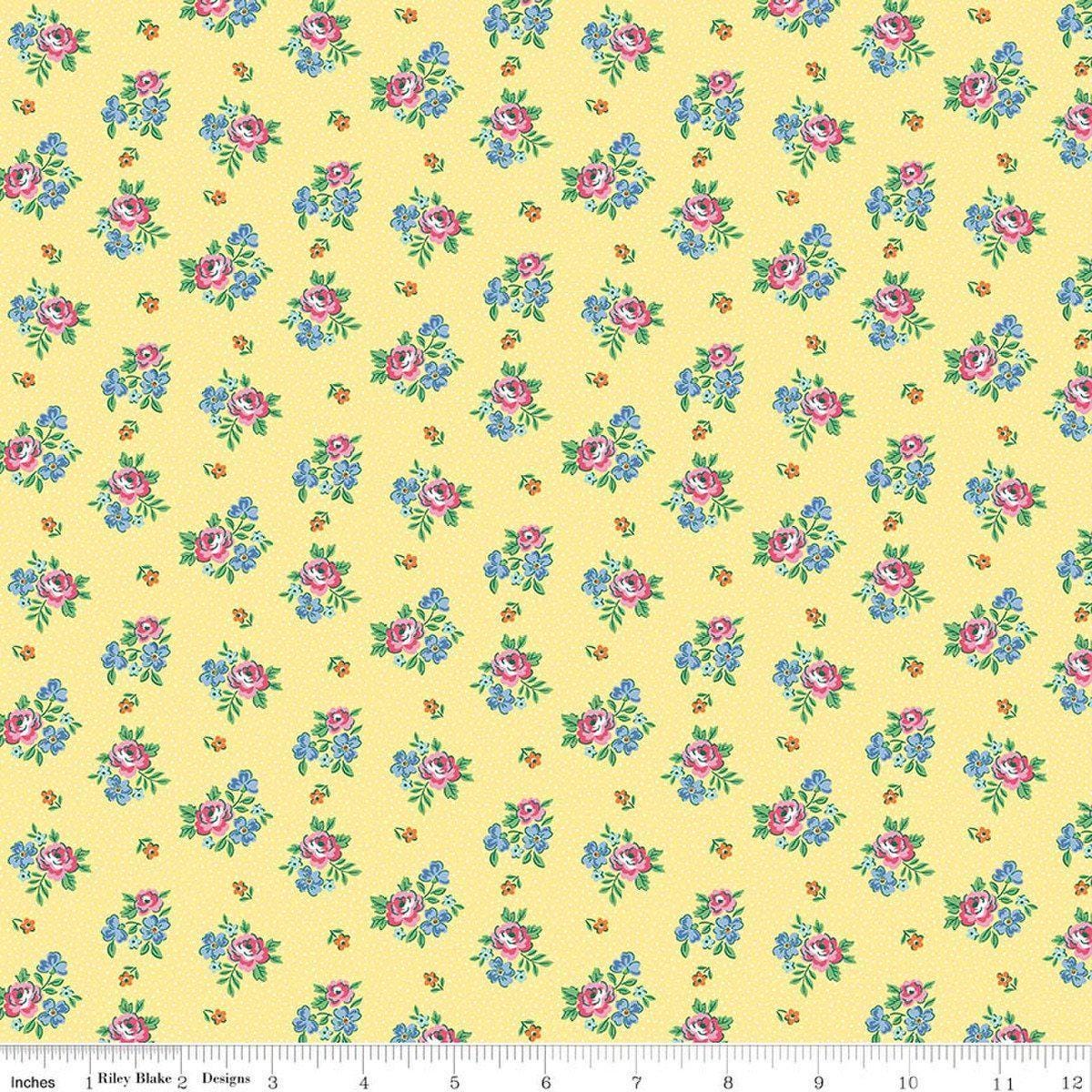 Image of Traditional 30's Scattered Floral Yellow quilting cotton fabric by Lindsay Wilkes for Riley Blake Designs. Features flowers on a yellow background. Cute Little Fabric Shop.