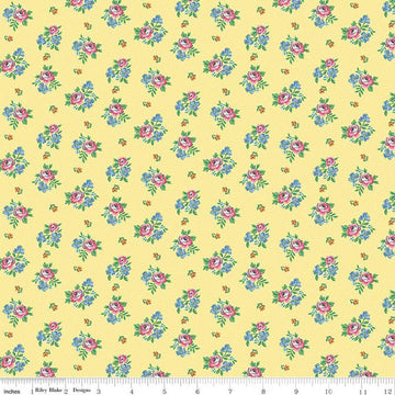Image of Traditional 30's Scattered Floral Yellow quilting cotton fabric by Lindsay Wilkes for Riley Blake Designs. Features flowers on a yellow background. Cute Little Fabric Shop.
