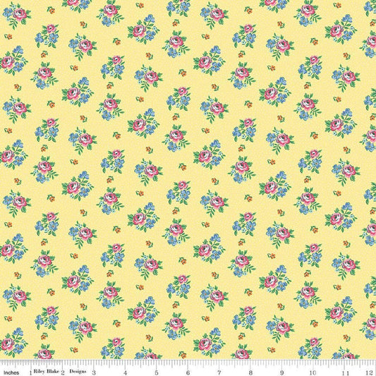 Image of Traditional 30's Scattered Floral Yellow quilting cotton fabric by Lindsay Wilkes for Riley Blake Designs. Features flowers on a yellow background. Cute Little Fabric Shop.