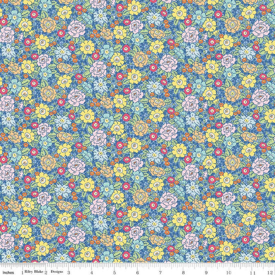 Image of Traditional 30's Floral Blue quilting cotton fabric by Lindsay Wilkes for Riley Blake Designs. Features flowers on a blue background. Cute Little Fabric Shop.