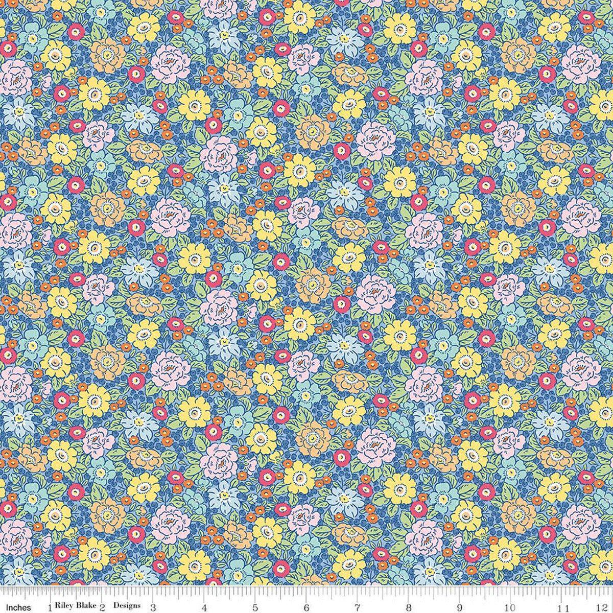 Image of Traditional 30's Floral Blue quilting cotton fabric by Lindsay Wilkes for Riley Blake Designs. Features flowers on a blue background. Cute Little Fabric Shop.