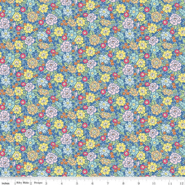Image of Traditional 30's Floral Blue quilting cotton fabric by Lindsay Wilkes for Riley Blake Designs. Features flowers on a blue background. Cute Little Fabric Shop.