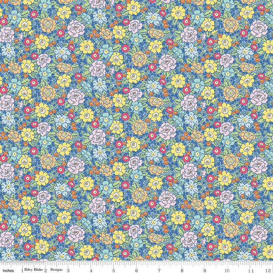Image of Traditional 30's Floral Blue quilting cotton fabric by Lindsay Wilkes for Riley Blake Designs. Features flowers on a blue background. Cute Little Fabric Shop.