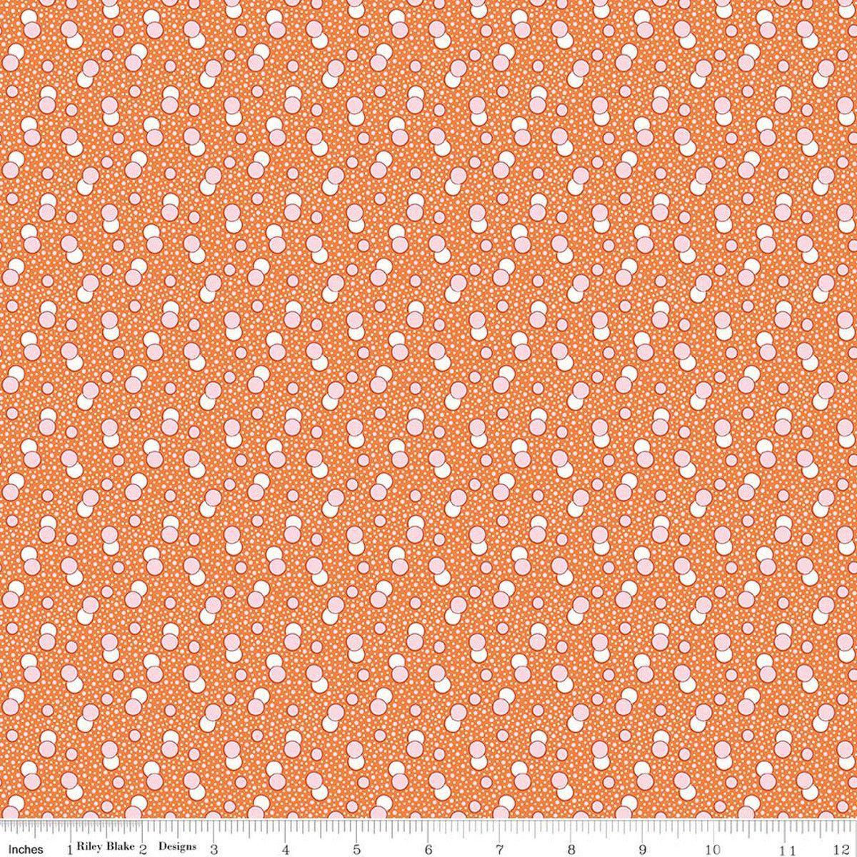 Image of Traditional 30's Dots Orange quilting cotton fabric by Lindsay Wilkes for Riley Blake Designs. Features polka dots on an orange background. Cute Little Fabric Shop.
