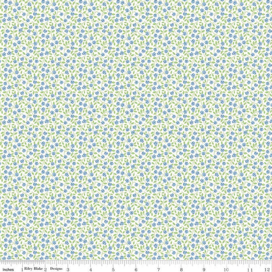 Image of Traditional 30's Flower Blue quilting cotton fabric by Lindsay Wilkes for Riley Blake Designs. Features flowers on a blue background. Cute Little Fabric Shop.