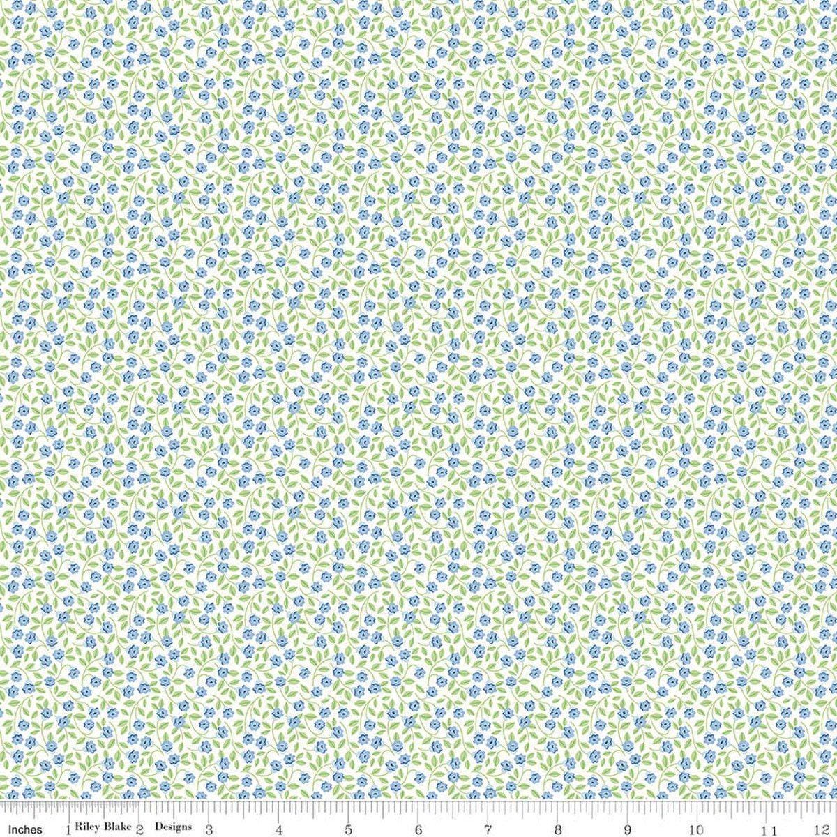 Image of Traditional 30's Flower Blue quilting cotton fabric by Lindsay Wilkes for Riley Blake Designs. Features flowers on a blue background. Cute Little Fabric Shop.