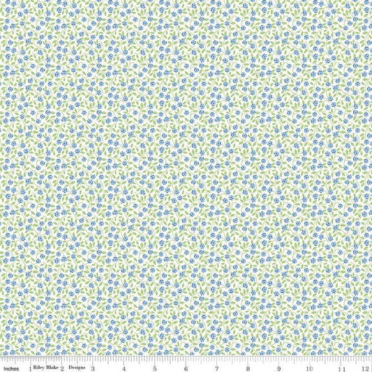 Image of Traditional 30's Flower Blue quilting cotton fabric by Lindsay Wilkes for Riley Blake Designs. Features flowers on a blue background. Cute Little Fabric Shop.