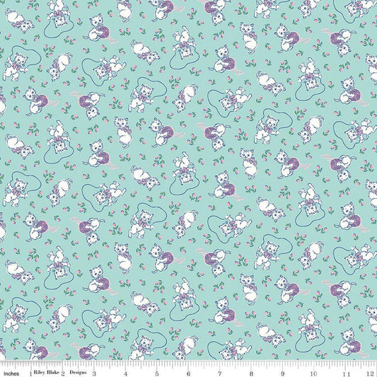 Image of Traditional 30's Kittens Blue quilting cotton fabric by Lindsay Wilkes for Riley Blake Designs. Features cats on a blue background. Cute Little Fabric Shop.