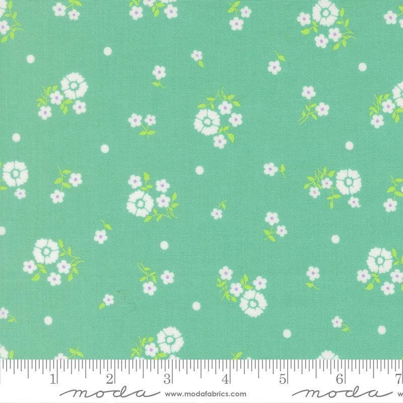 Image of Joysome Hand Picked Peacock quilting cotton fabric by Corey Yoder for Moda Fabrics. Features flowers on a green blue background. Cute Little Fabric Shop.