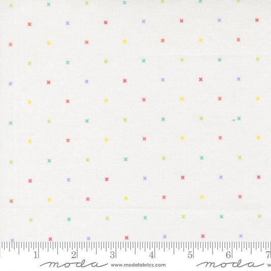 Image of Joysome Tiny Peel Cloud quilting cotton fabric by Corey Yoder for Moda Fabrics. Features tiny xs on a white background. Cute Little Fabric Shop.