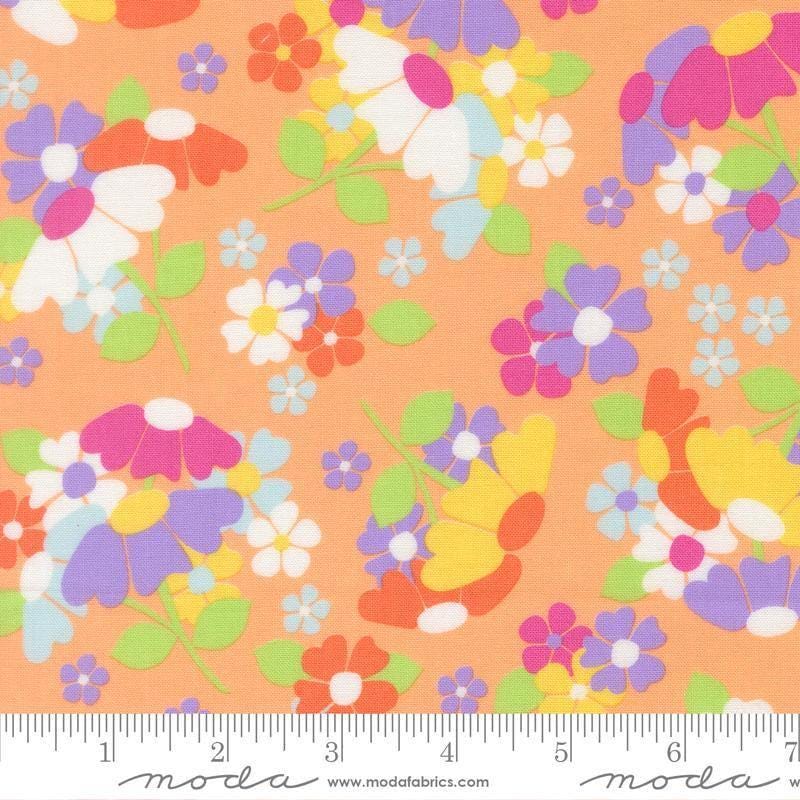 Image of Joysome Flower Fields Cantaloupe quilting cotton fabric by Corey Yoder for Moda Fabrics. Features flowers on an orange background. Cute Little Fabric Shop.