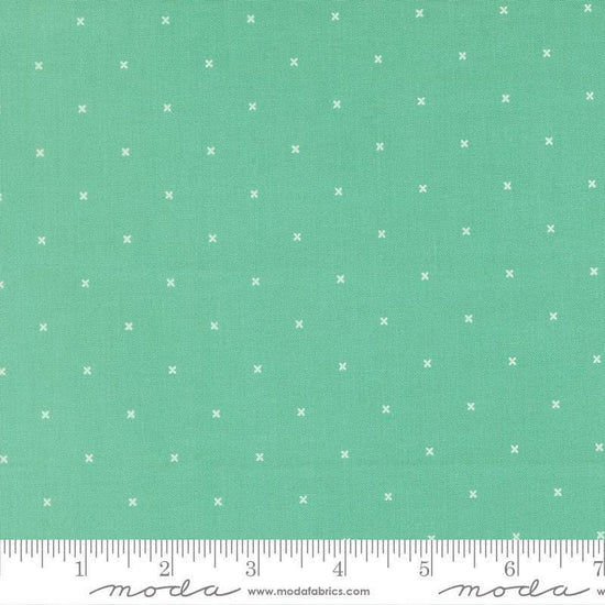 Image of Joysome Tiny Peel Peacock quilting cotton fabric by Corey Yoder for Moda Fabrics. Features tiny xs on a green blue background. Cute Little Fabric Shop.