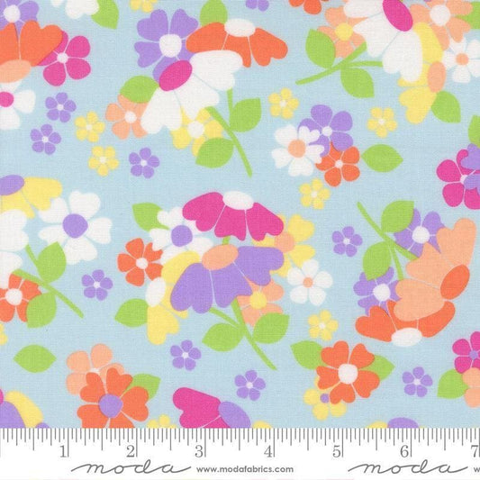 Image of Joysome Flower Fields Frost quilting cotton fabric by Corey Yoder for Moda Fabrics. Features flowers on a blue background. Cute Little Fabric Shop.