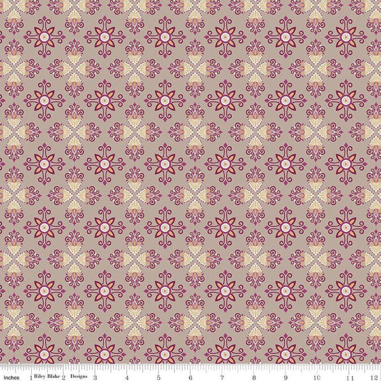 Image of Where the Wild Flowers Area Damask Pewter quilting cotton fabric by Judi Madsen for Riley Blake Designs. Features a geometric pattern on a purple background. Cute Little Fabric Shop.