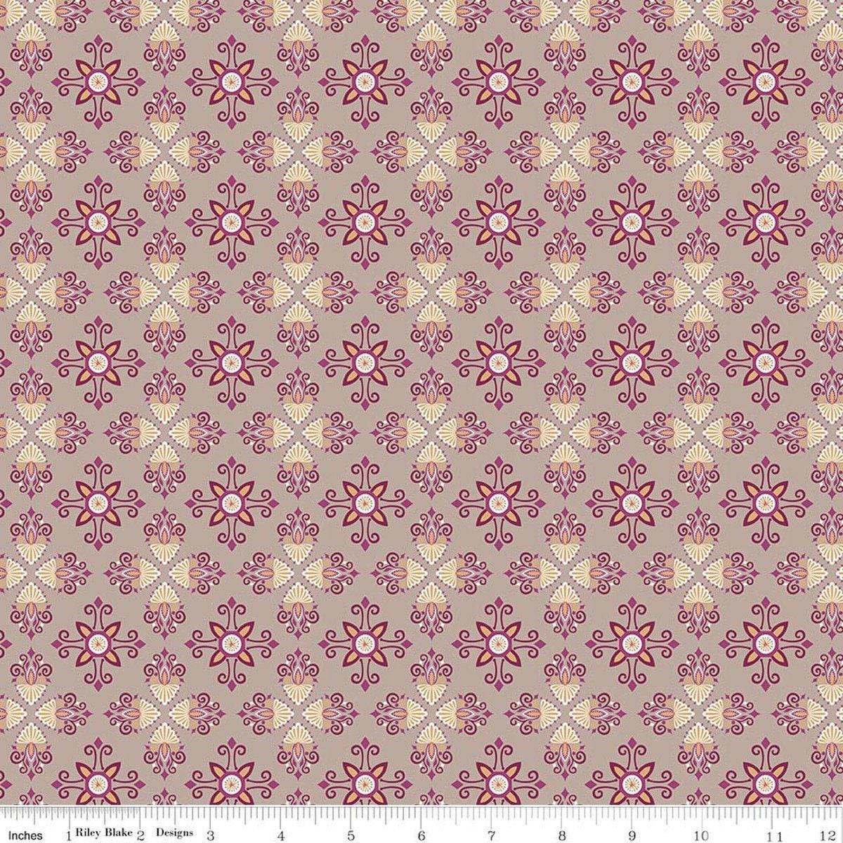 Image of Where the Wild Flowers Area Damask Pewter quilting cotton fabric by Judi Madsen for Riley Blake Designs. Features a geometric pattern on a purple background. Cute Little Fabric Shop.